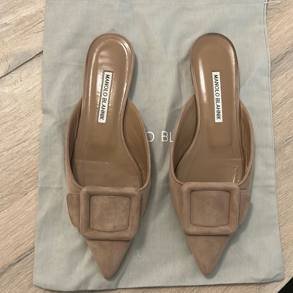 Manolo Blahnik Maysale buckled suede point toe flats